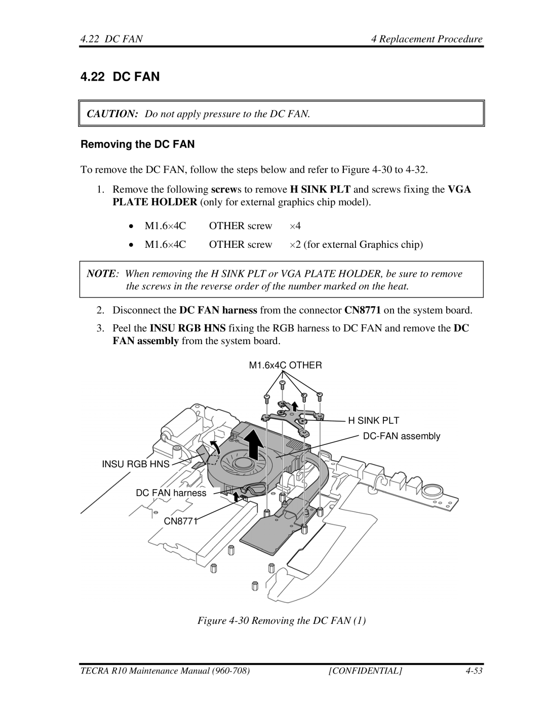 Toshiba TECRA R10 manual Dc Fan, DC FAN Replacement Procedure, Removing the DC FAN 