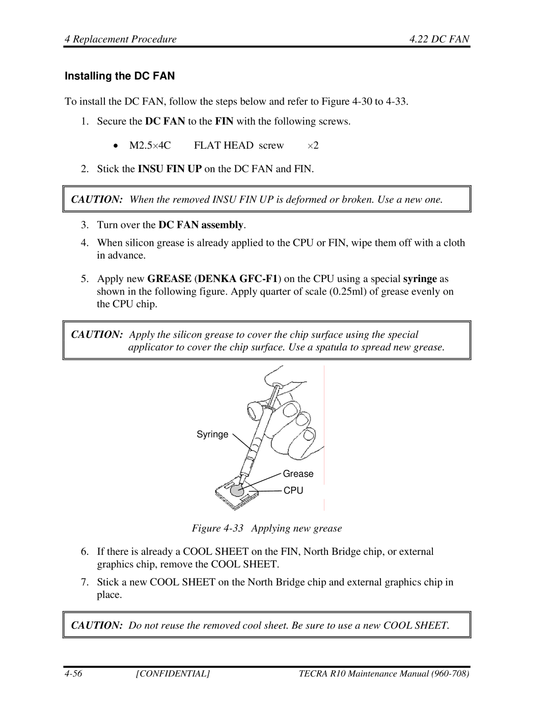 Toshiba TECRA R10 manual Installing the DC FAN, Applying new grease 