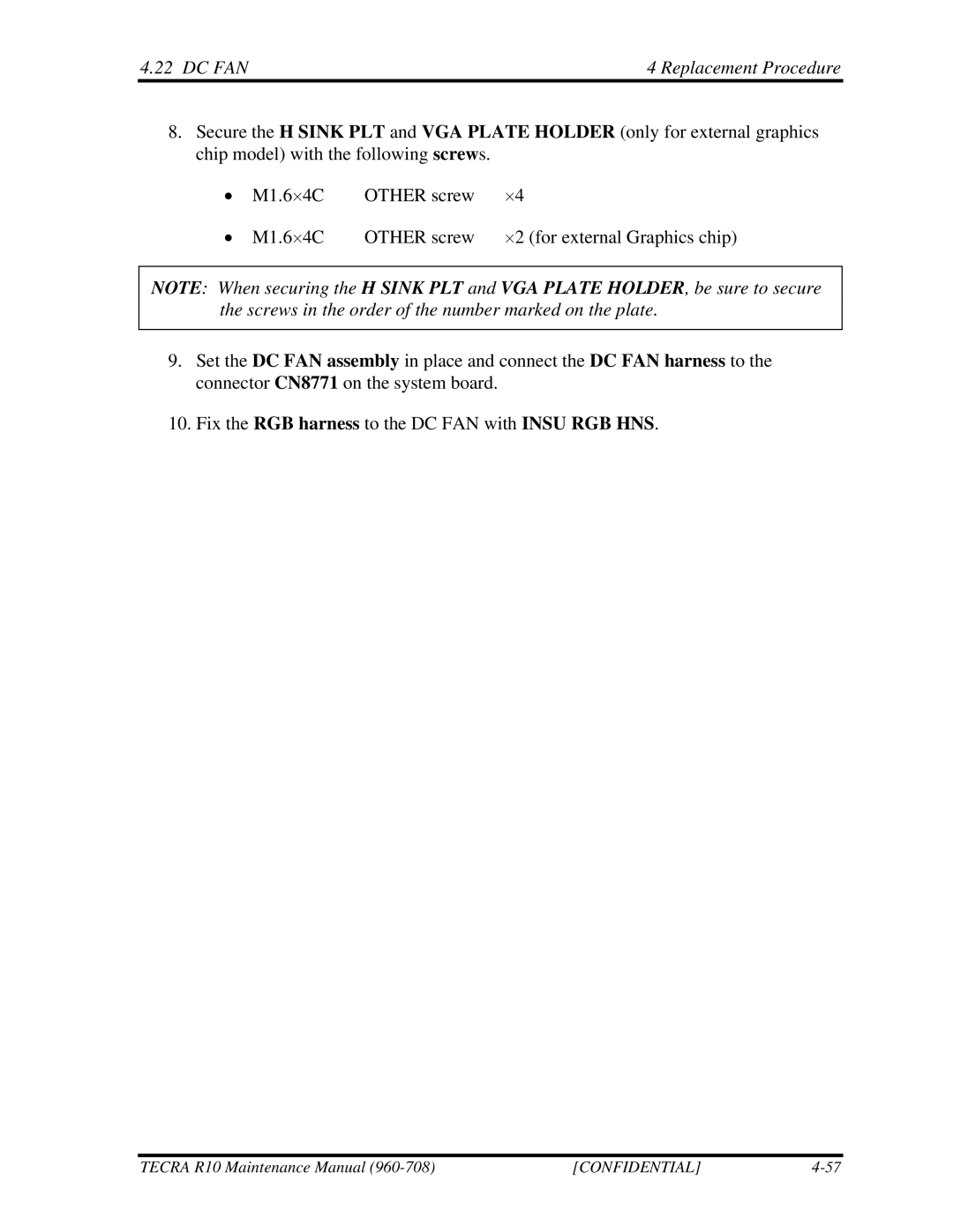 Toshiba TECRA R10 manual DC FAN Replacement Procedure 