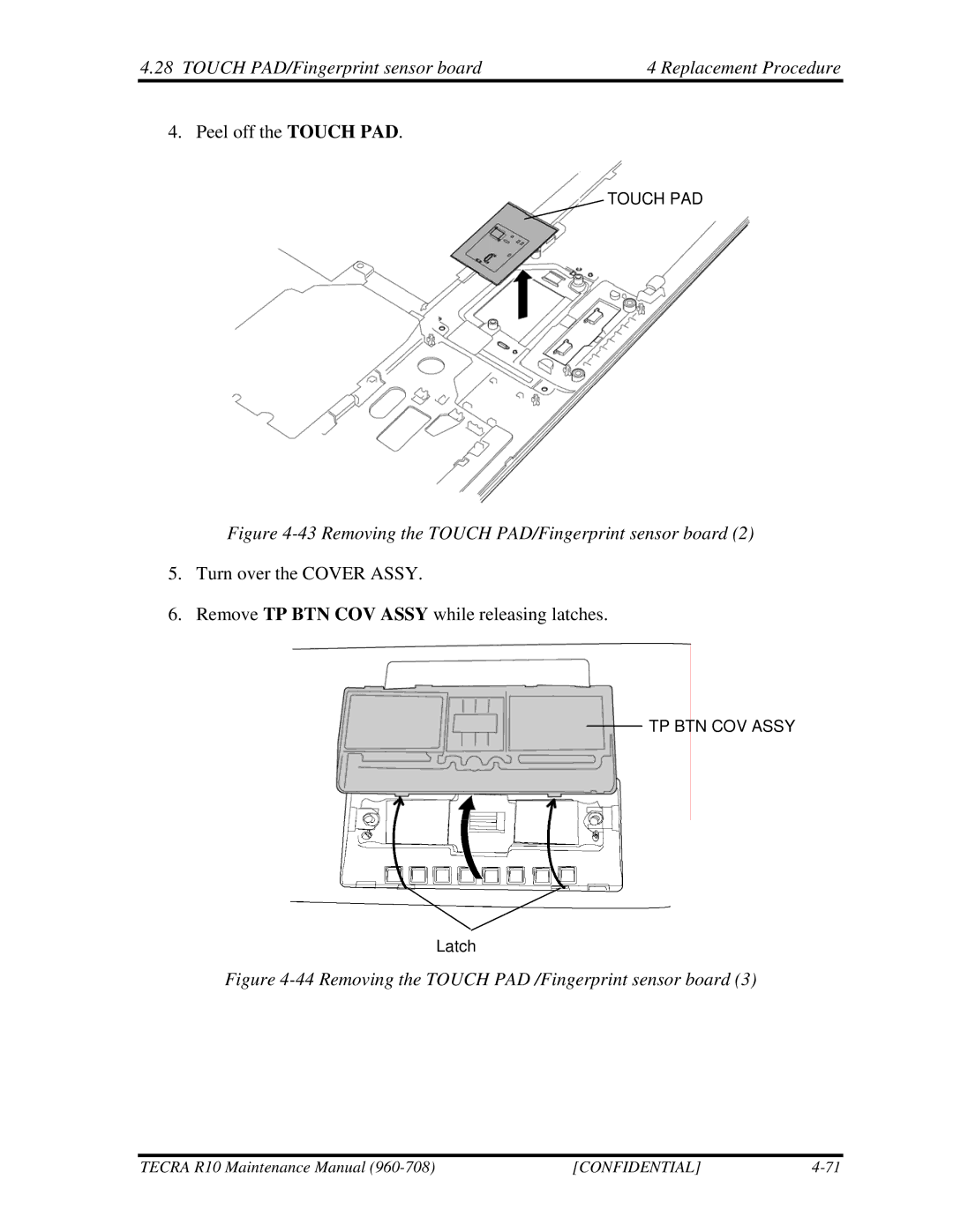 Toshiba TECRA R10 manual Touch PAD/Fingerprint sensor board Replacement Procedure 