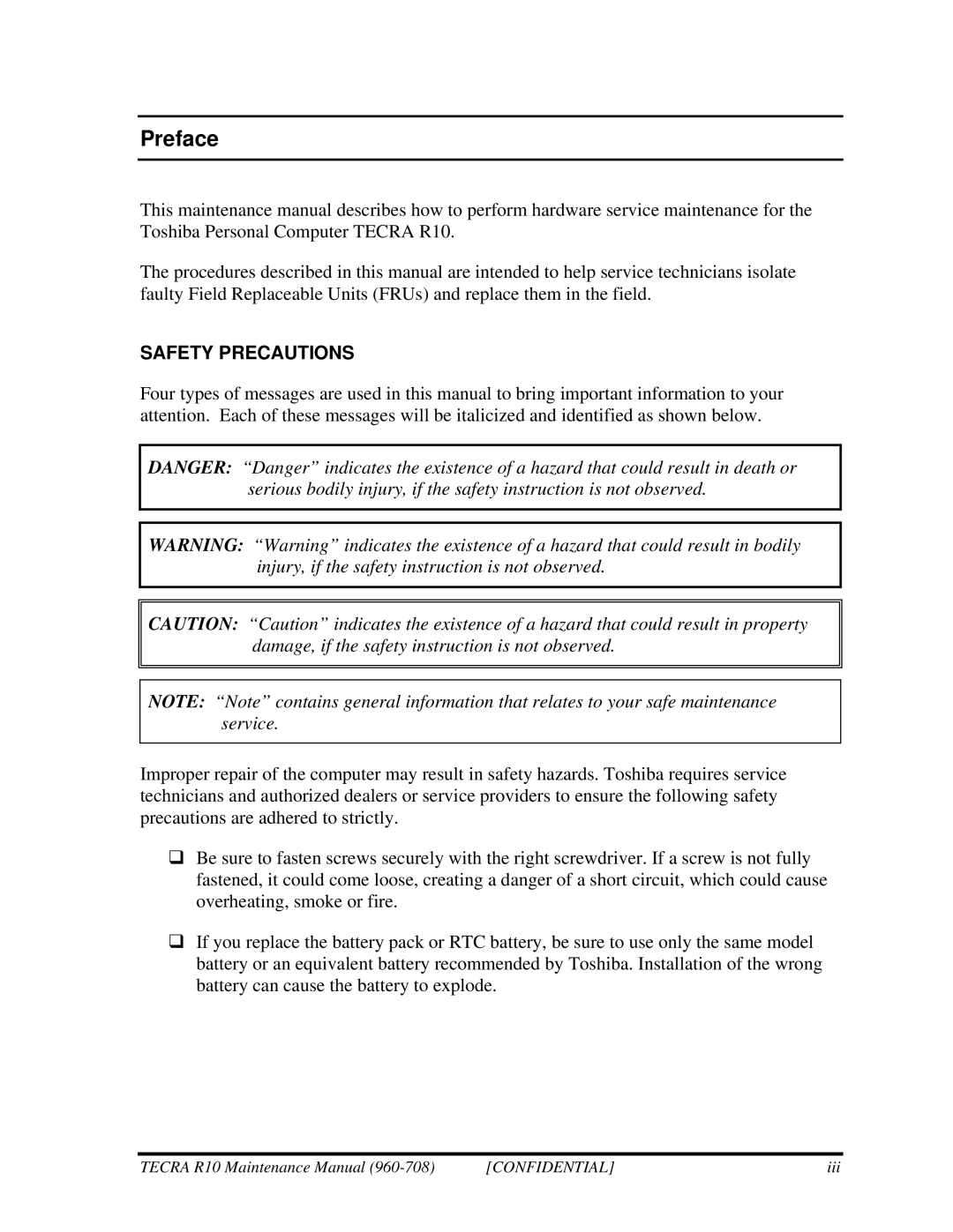 Toshiba TECRA R10 manual Preface, Safety Precautions 