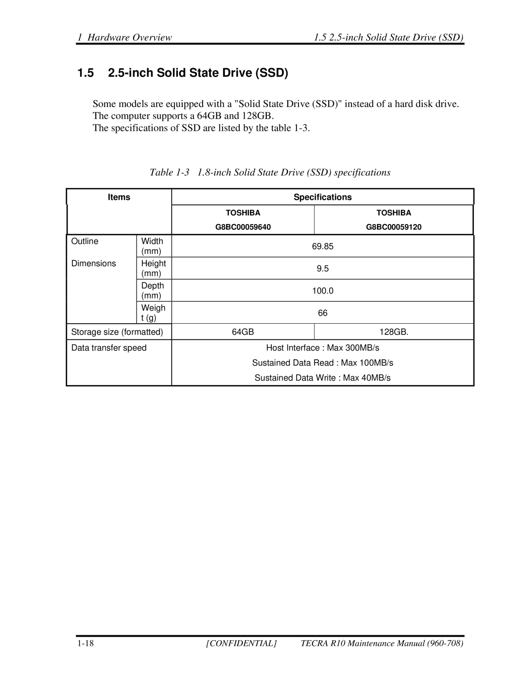 Toshiba TECRA R10 manual Hardware Overview 2.5-inch Solid State Drive SSD, inch Solid State Drive SSD specifications 