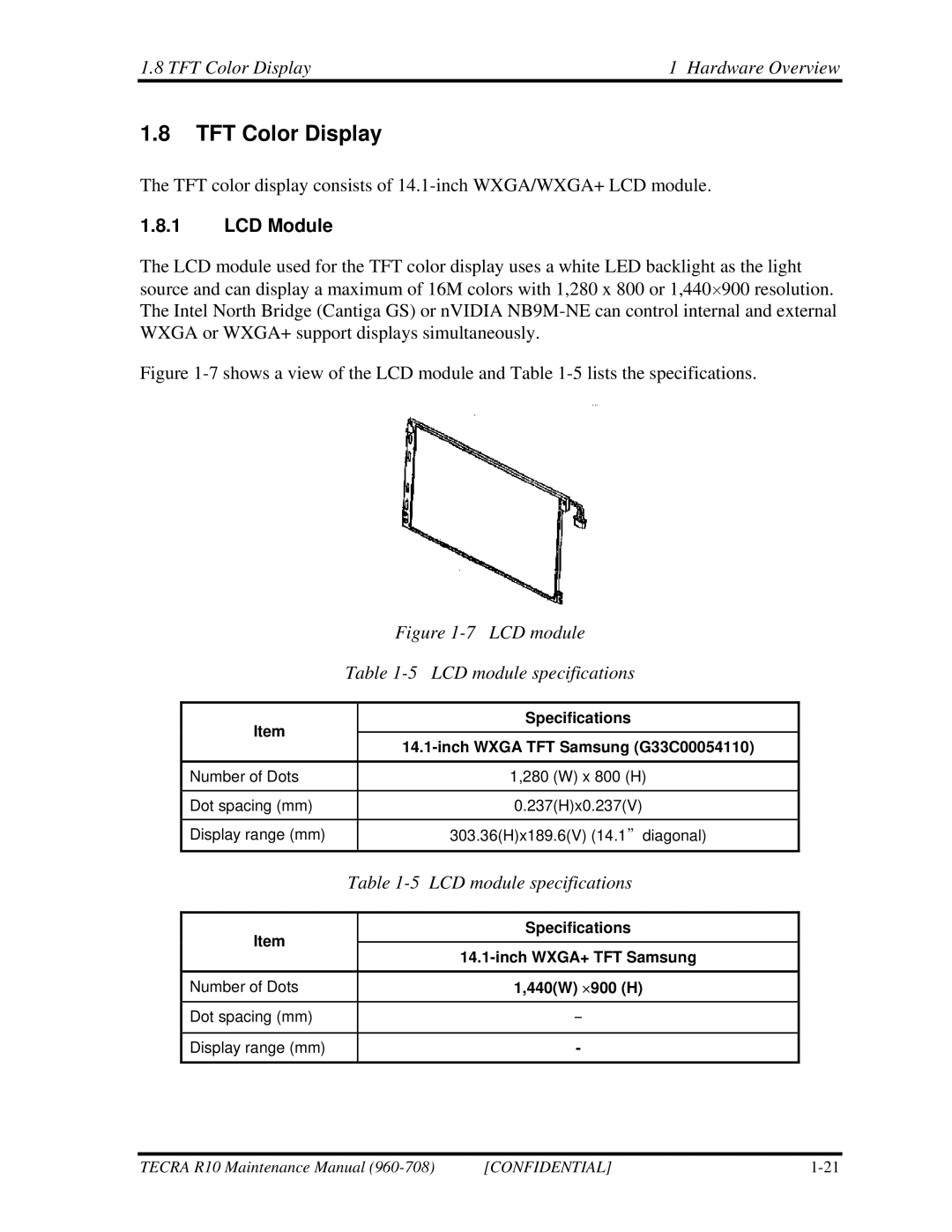 Toshiba TECRA R10 manual TFT Color Display Hardware Overview, LCD Module 