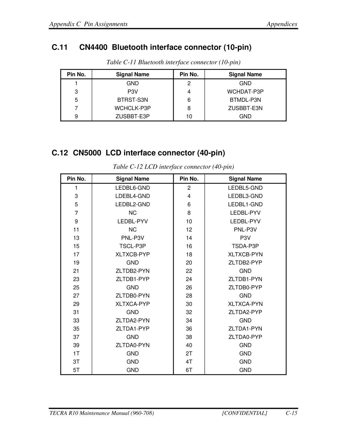 Toshiba TECRA R10 manual 11 CN4400 Bluetooth interface connector 10-pin, 12 CN5000 LCD interface connector 40-pin 