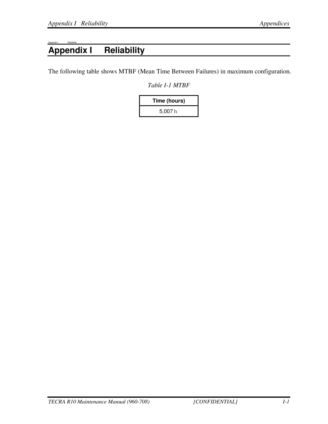 Toshiba TECRA R10 manual Appendix I Reliability Appendices, Table I-1 Mtbf 