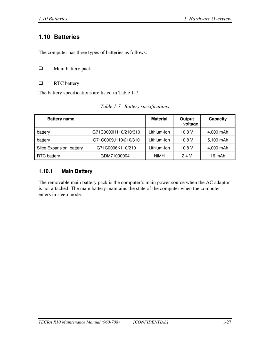 Toshiba TECRA R10 manual Batteries Hardware Overview, Battery specifications, Main Battery 