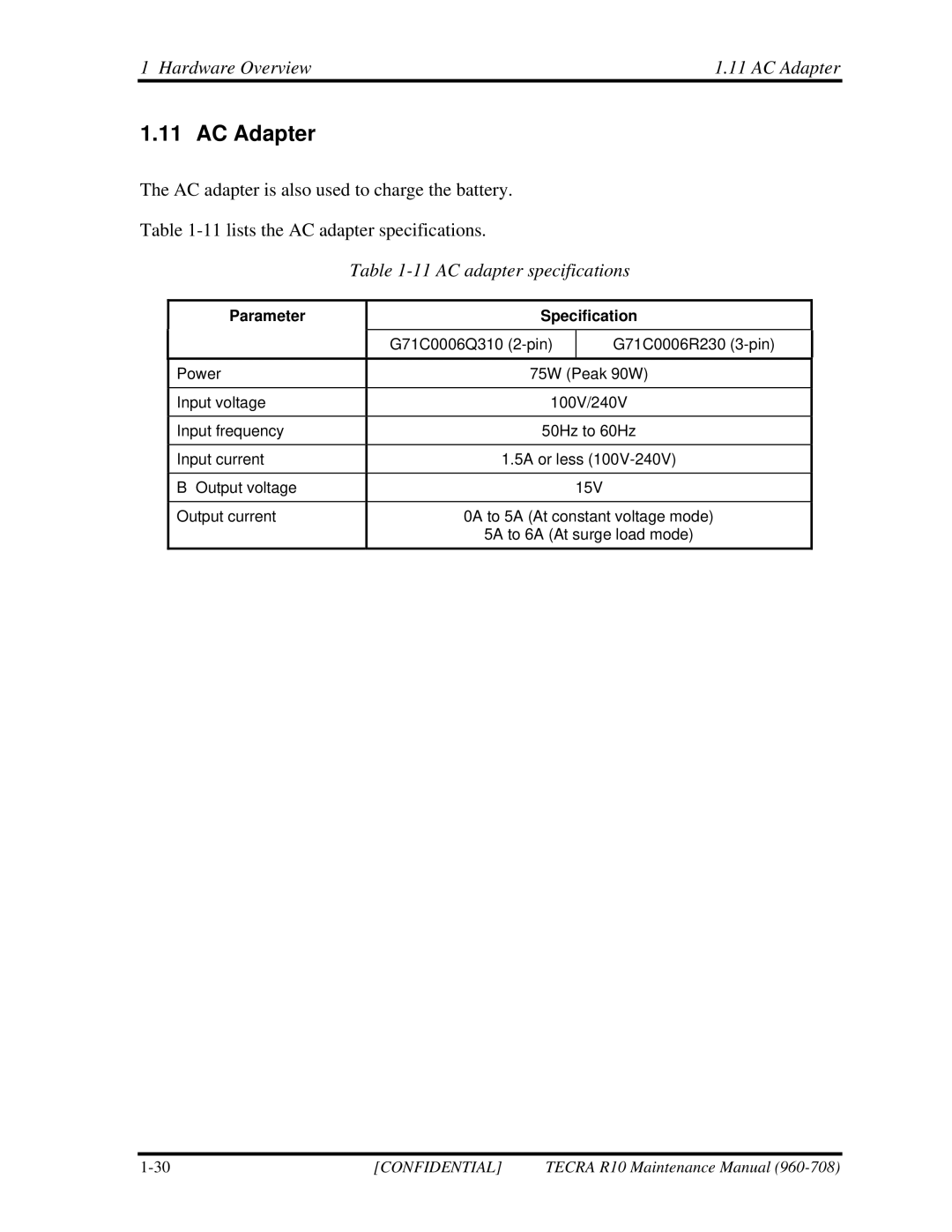 Toshiba TECRA R10 manual Hardware Overview AC Adapter, AC adapter specifications 