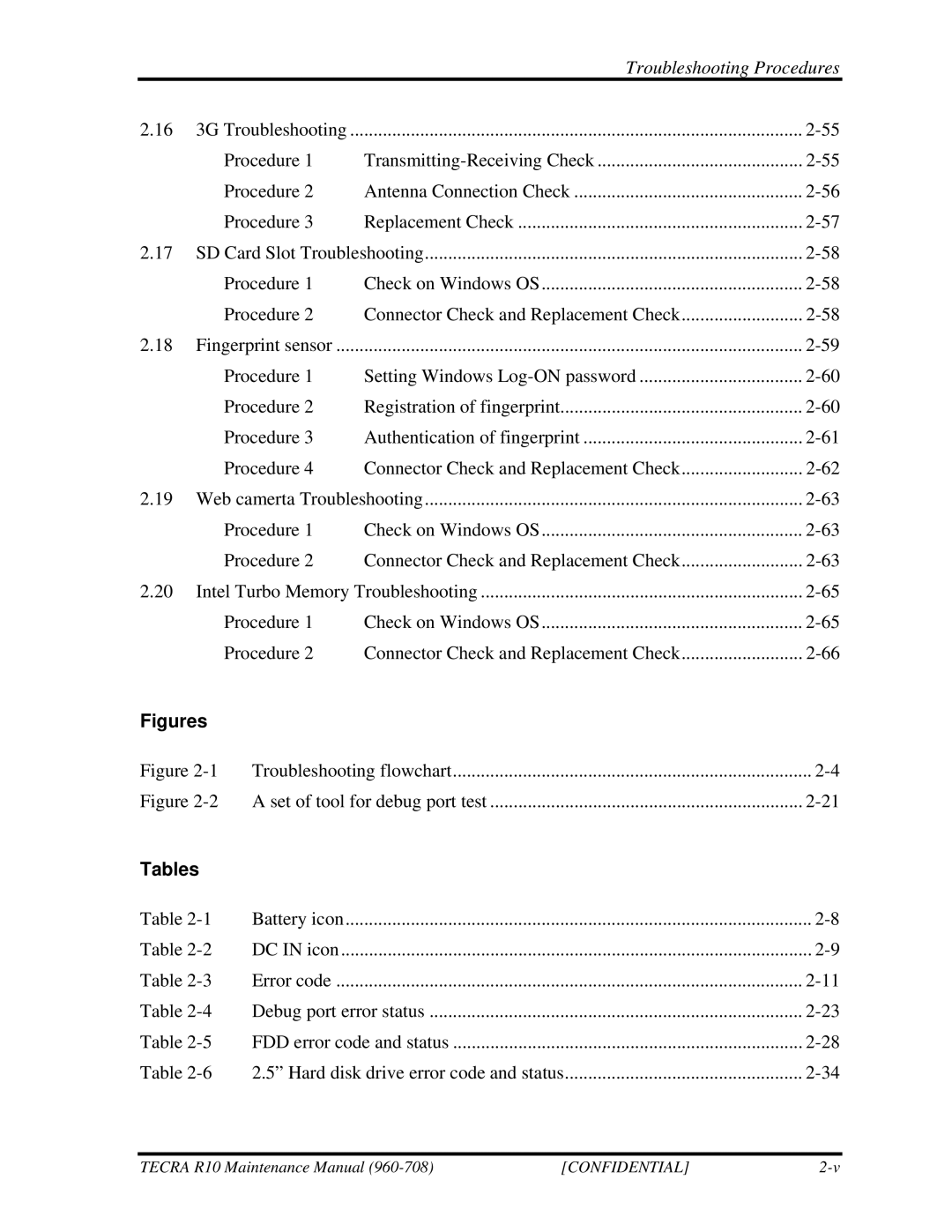 Toshiba TECRA R10 manual Troubleshooting flowchart Set of tool for debug port test, Tables 