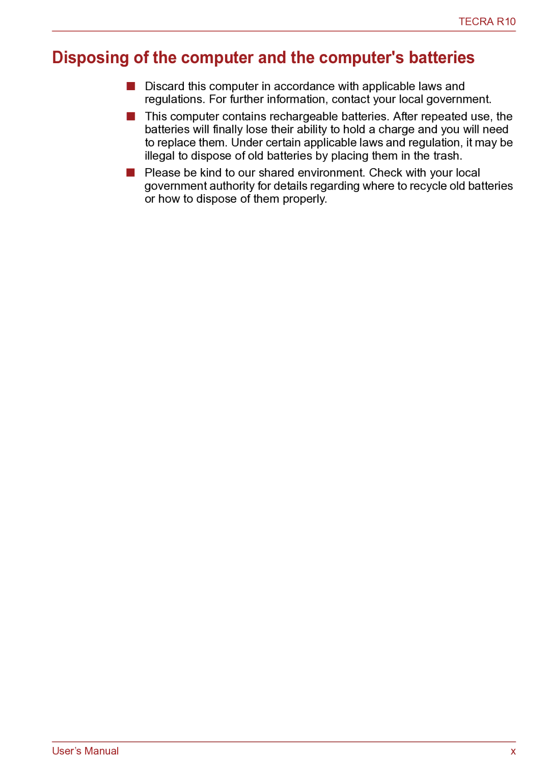 Toshiba TECRA R10 user manual Disposing of the computer and the computers batteries 