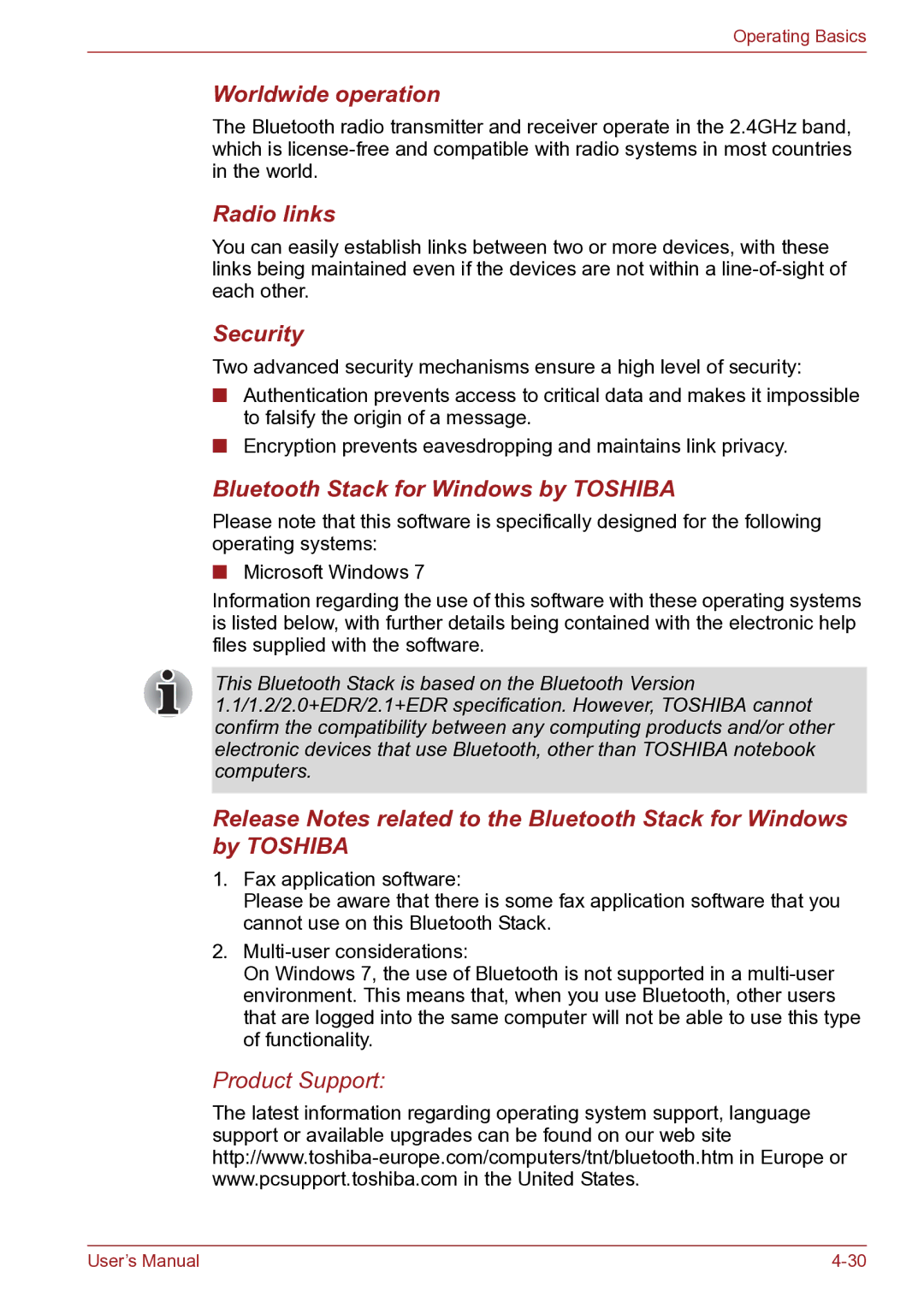 Toshiba TECRA R10 user manual Worldwide operation, Radio links, Bluetooth Stack for Windows by Toshiba 