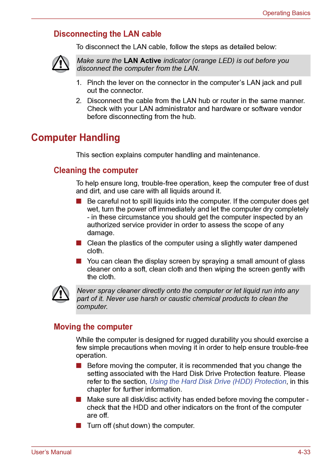 Toshiba TECRA R10 user manual Computer Handling, Disconnecting the LAN cable, Cleaning the computer, Moving the computer 