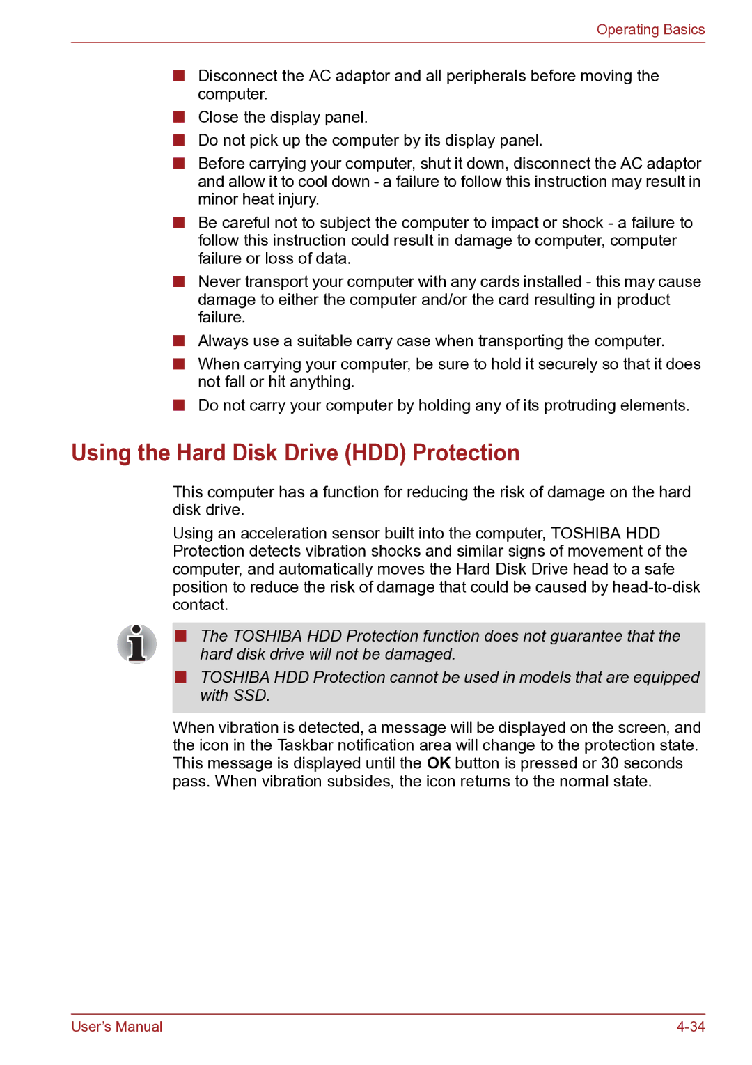 Toshiba TECRA R10 user manual Using the Hard Disk Drive HDD Protection 