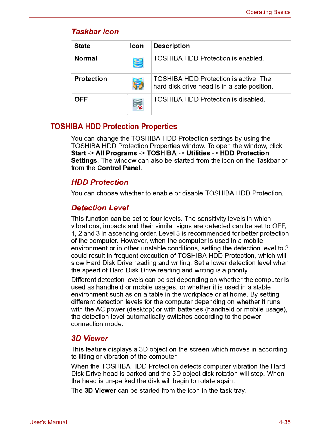 Toshiba TECRA R10 user manual Toshiba HDD Protection Properties, Taskbar icon, Detection Level, 3D Viewer 