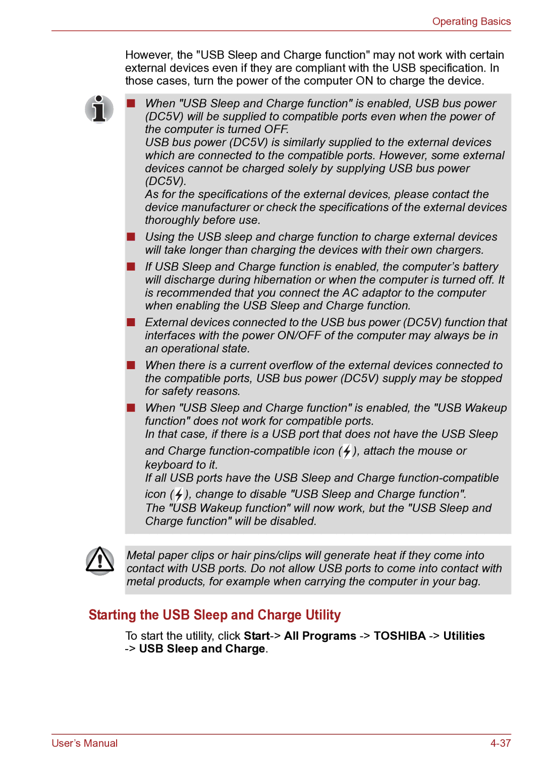 Toshiba TECRA R10 user manual Starting the USB Sleep and Charge Utility 