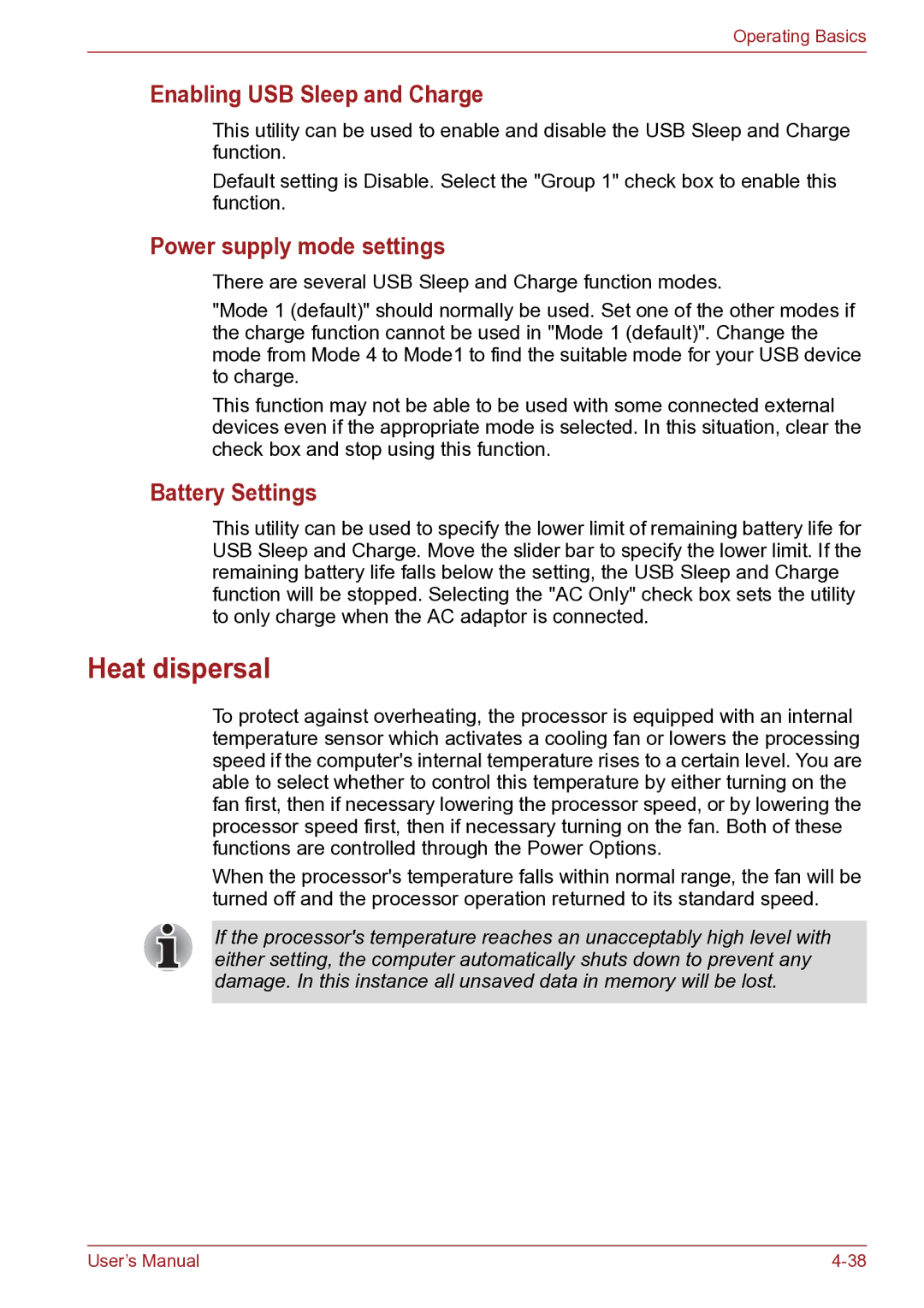 Toshiba TECRA R10 user manual Heat dispersal, Enabling USB Sleep and Charge, Power supply mode settings, Battery Settings 