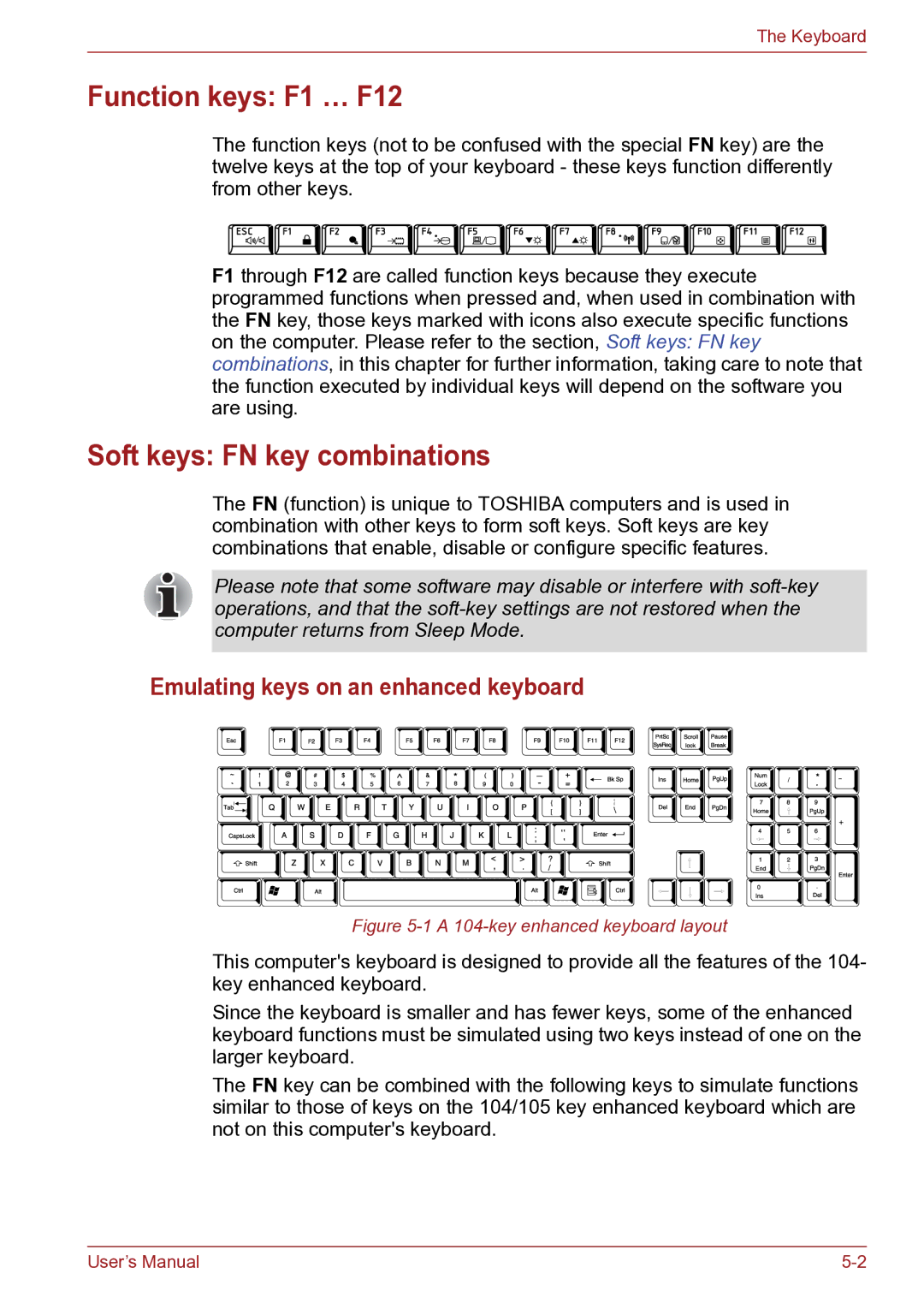 Toshiba TECRA R10 user manual Function keys F1 … F12, Soft keys FN key combinations, Emulating keys on an enhanced keyboard 