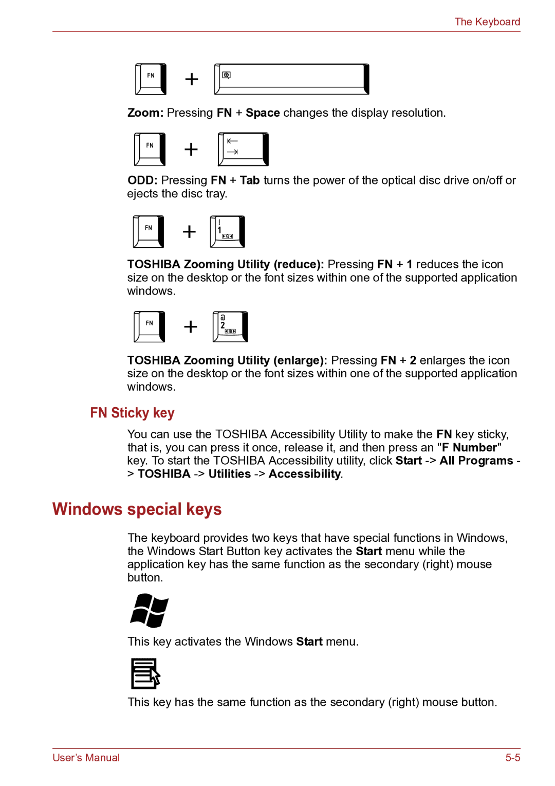 Toshiba TECRA R10 user manual Windows special keys, FN Sticky key, Toshiba -Utilities -Accessibility 