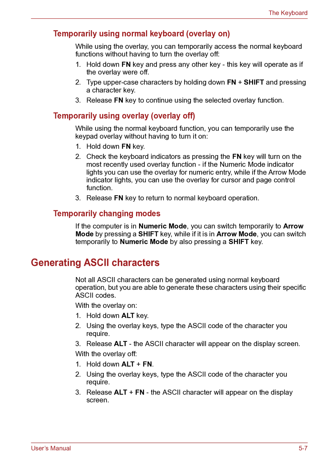 Toshiba TECRA R10 Generating Ascii characters, Temporarily using normal keyboard overlay on, Temporarily changing modes 