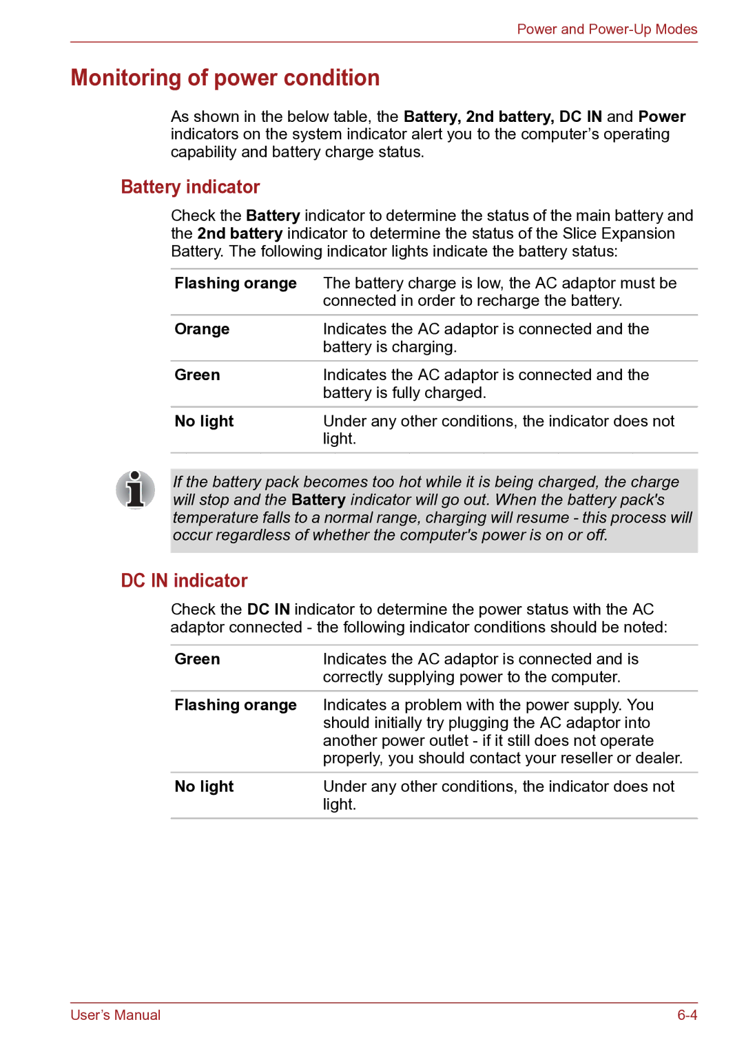 Toshiba TECRA R10 user manual Monitoring of power condition, Battery indicator, DC in indicator, No light 