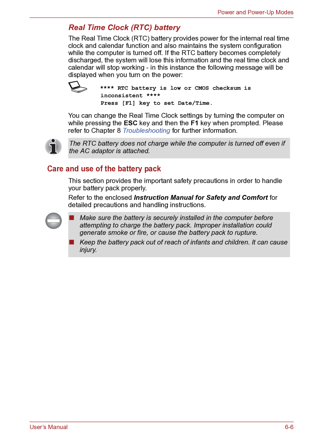 Toshiba TECRA R10 user manual Care and use of the battery pack, Real Time Clock RTC battery 