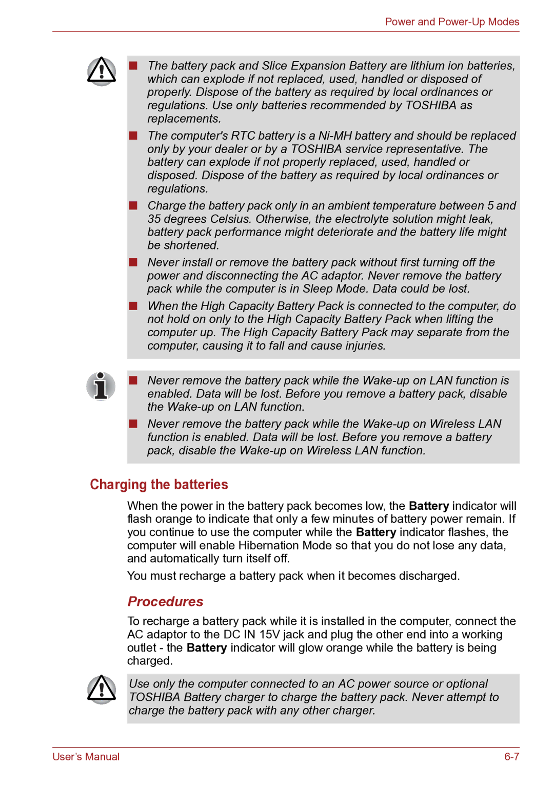 Toshiba TECRA R10 user manual Charging the batteries, Procedures 