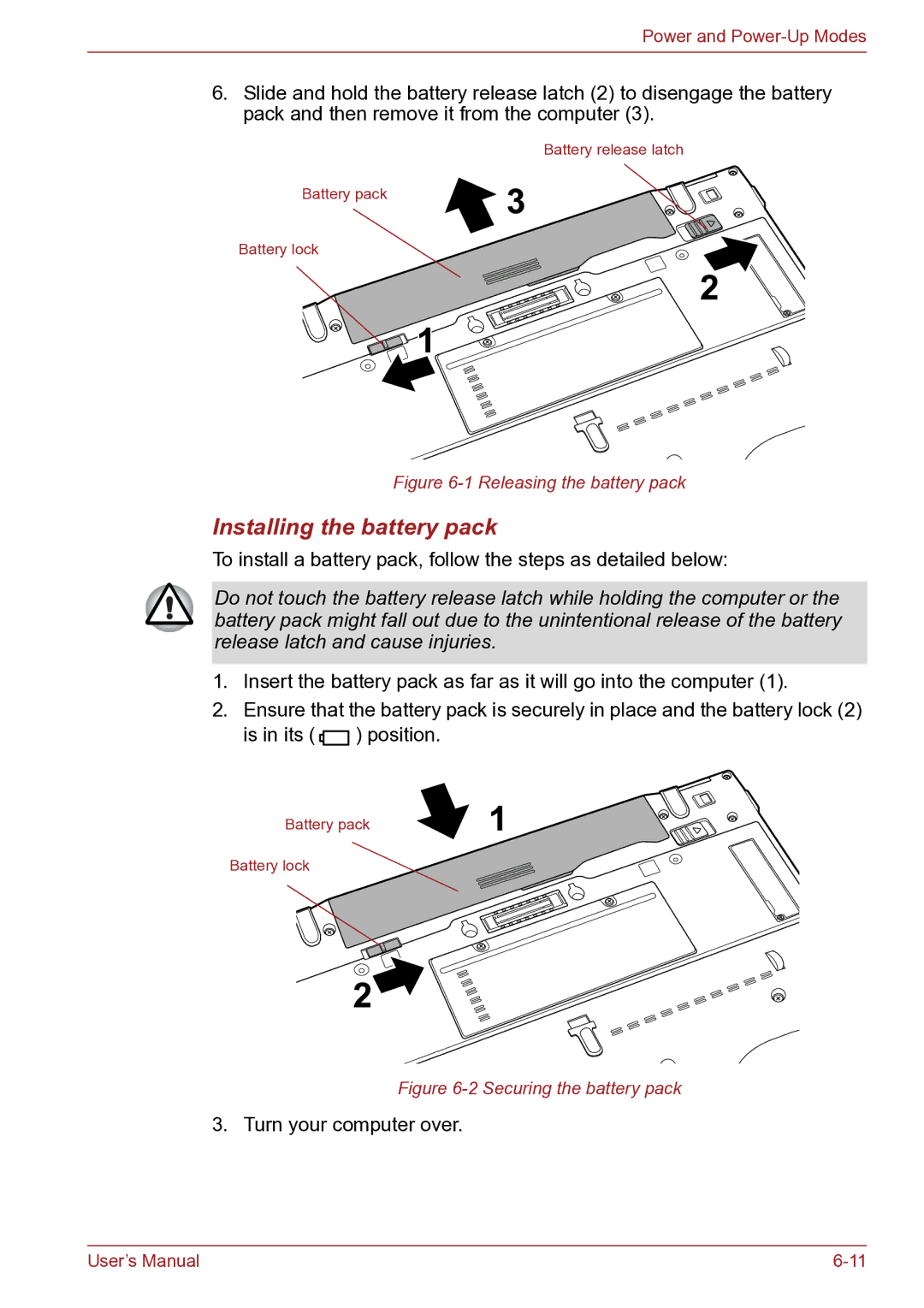 Toshiba TECRA R10 user manual Installing the battery pack, Releasing the battery pack 