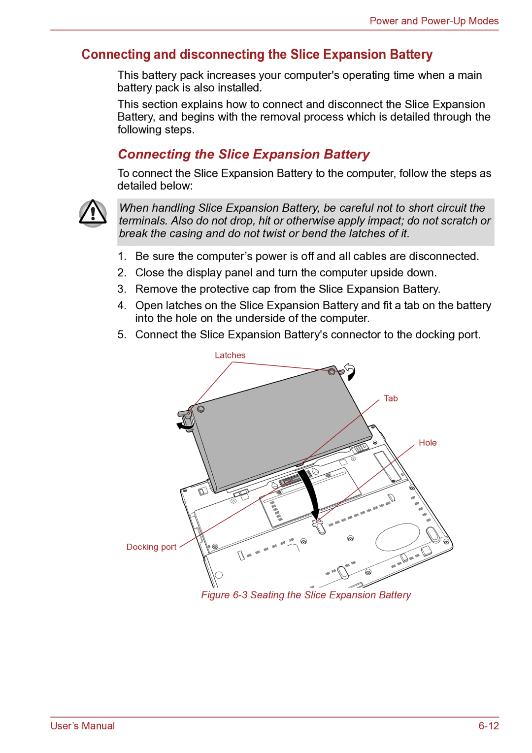 Toshiba TECRA R10 Connecting and disconnecting the Slice Expansion Battery, Connecting the Slice Expansion Battery 