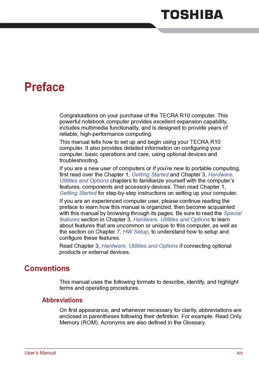 Toshiba TECRA R10 user manual Preface, Conventions, Abbreviations 