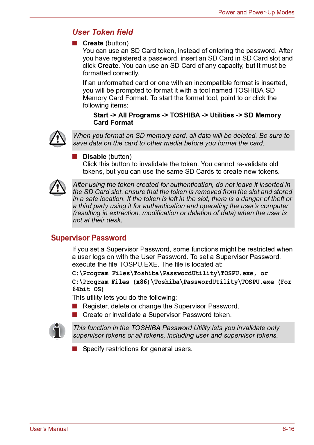 Toshiba TECRA R10 Supervisor Password, User Token field, Start All Programs Toshiba Utilities SD Memory Card Format 