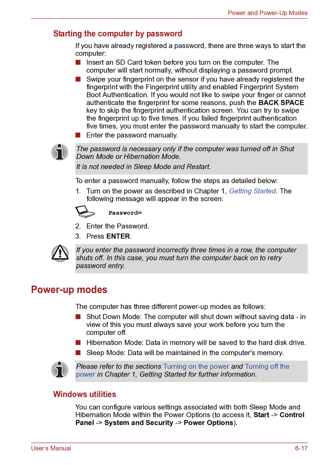 Toshiba TECRA R10 user manual Power-up modes, Starting the computer by password, Windows utilities 