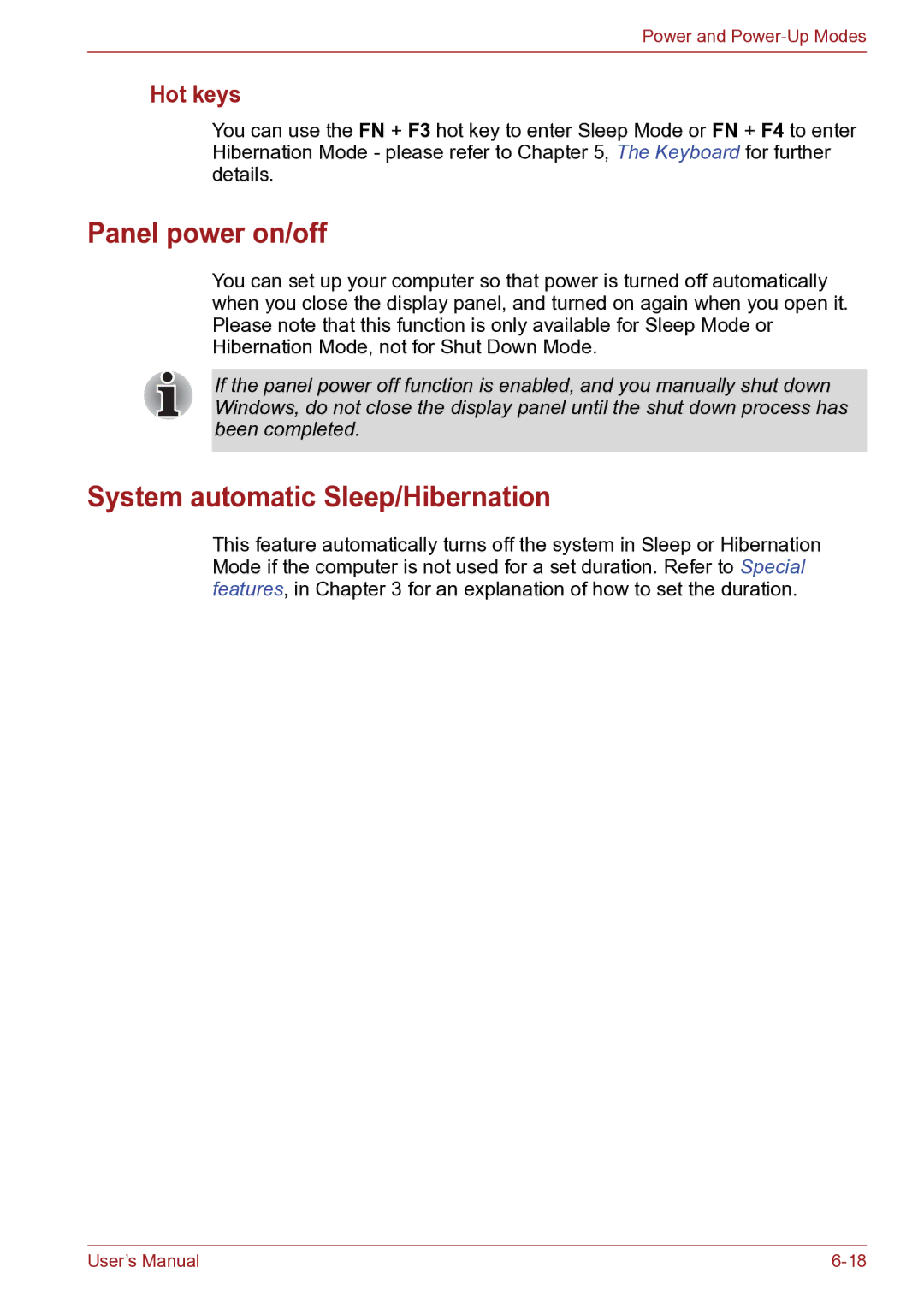 Toshiba TECRA R10 user manual Panel power on/off, System automatic Sleep/Hibernation, Hot keys 