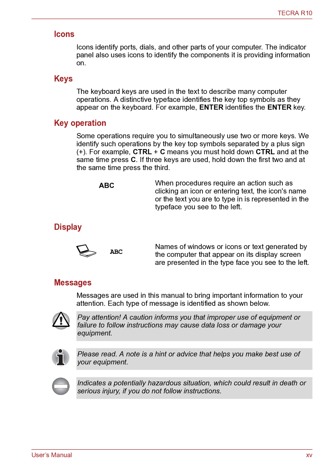 Toshiba TECRA R10 user manual Icons, Keys, Key operation, Display, Messages 