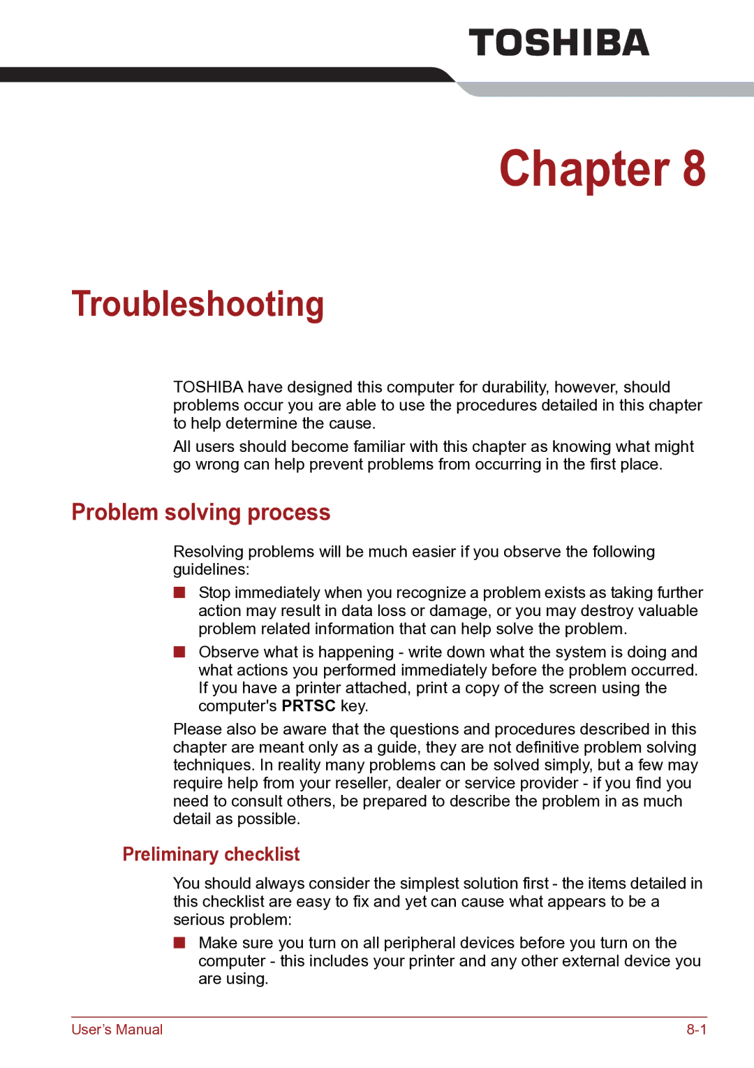 Toshiba TECRA R10 user manual Troubleshooting, Problem solving process, Preliminary checklist 