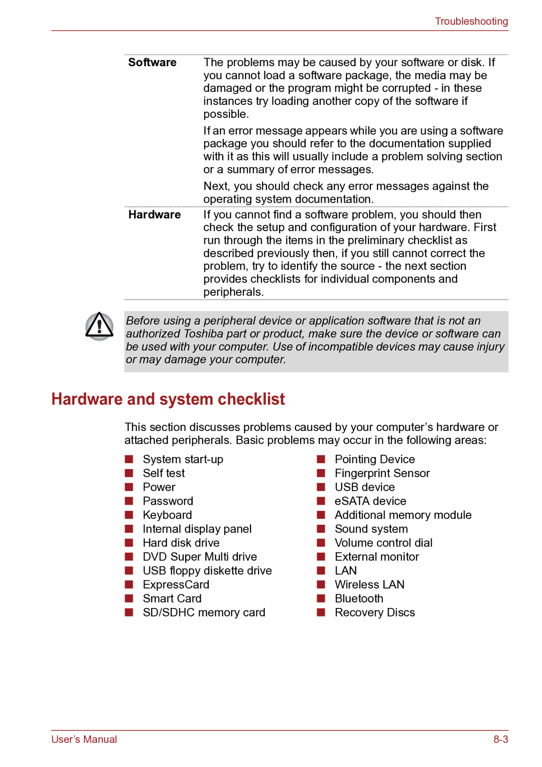 Toshiba TECRA R10 user manual Hardware and system checklist 