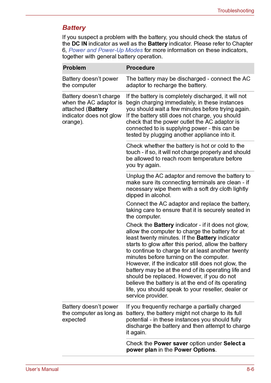 Toshiba TECRA R10 user manual Battery, Power plan in the Power Options 