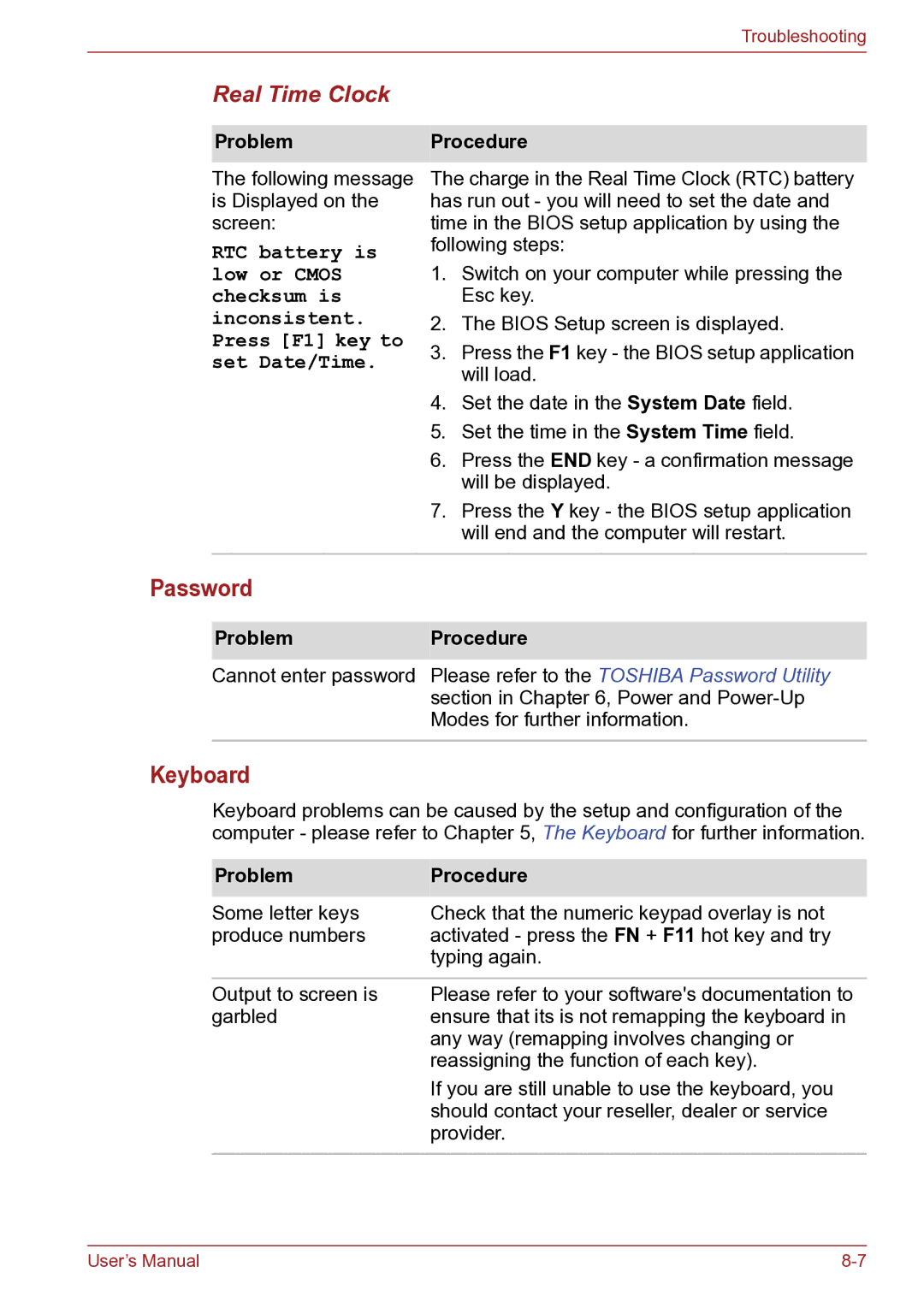 Toshiba TECRA R10 user manual Password, Keyboard, Real Time Clock 