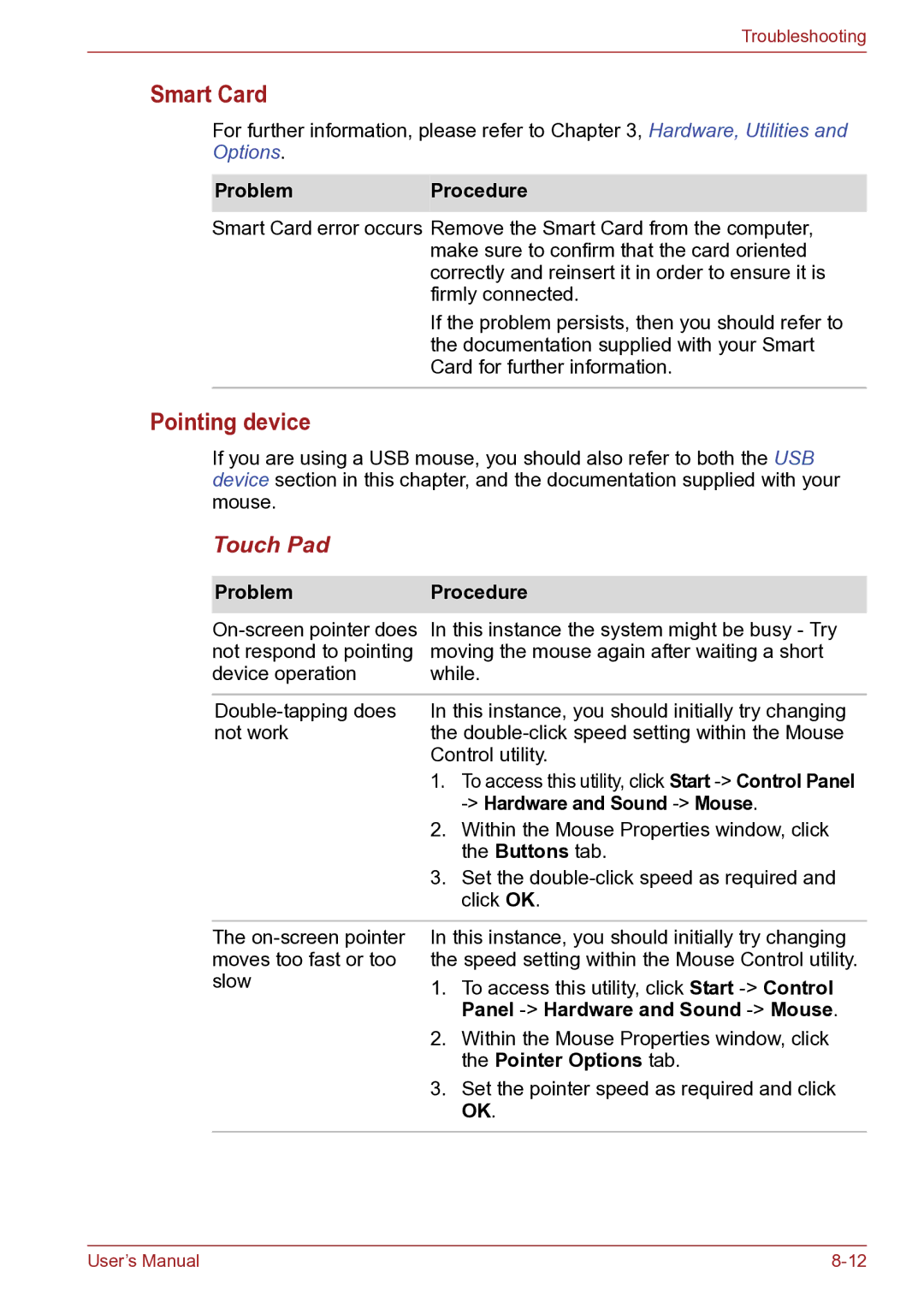 Toshiba TECRA R10 user manual Pointing device, Touch Pad, Panel Hardware and Sound Mouse, Pointer Options tab 