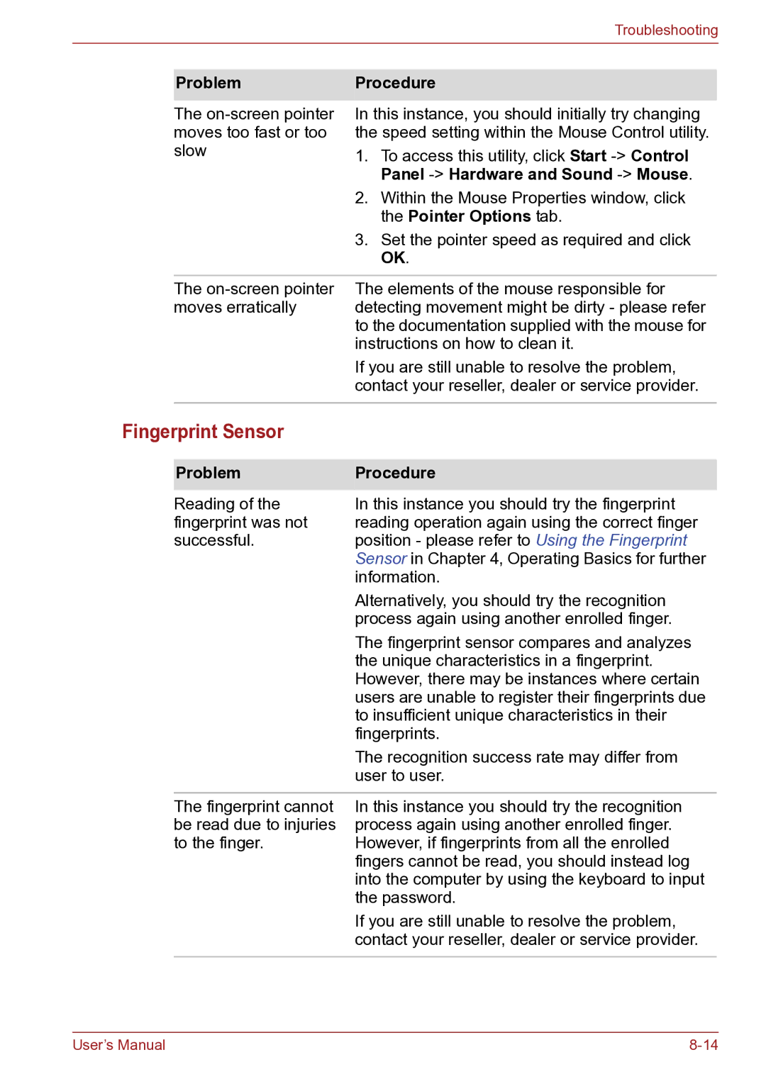 Toshiba TECRA R10 user manual Fingerprint Sensor 