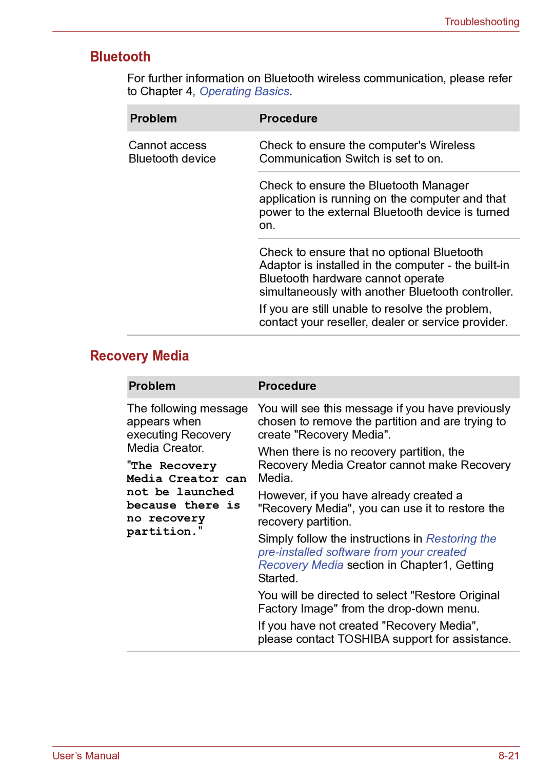 Toshiba TECRA R10 user manual Bluetooth, Recovery Media 