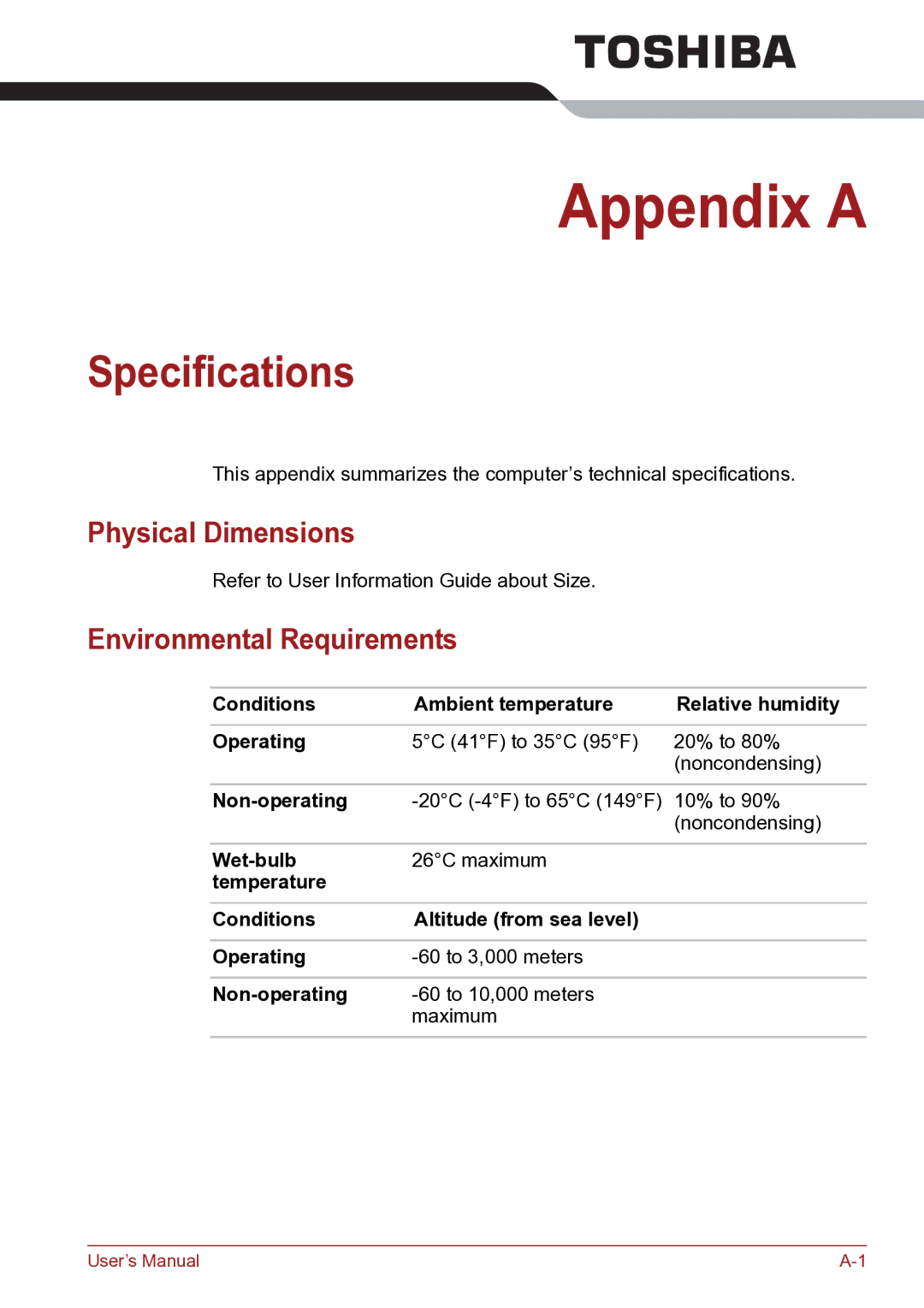 Toshiba TECRA R10 user manual Specifications, Physical Dimensions, Environmental Requirements 