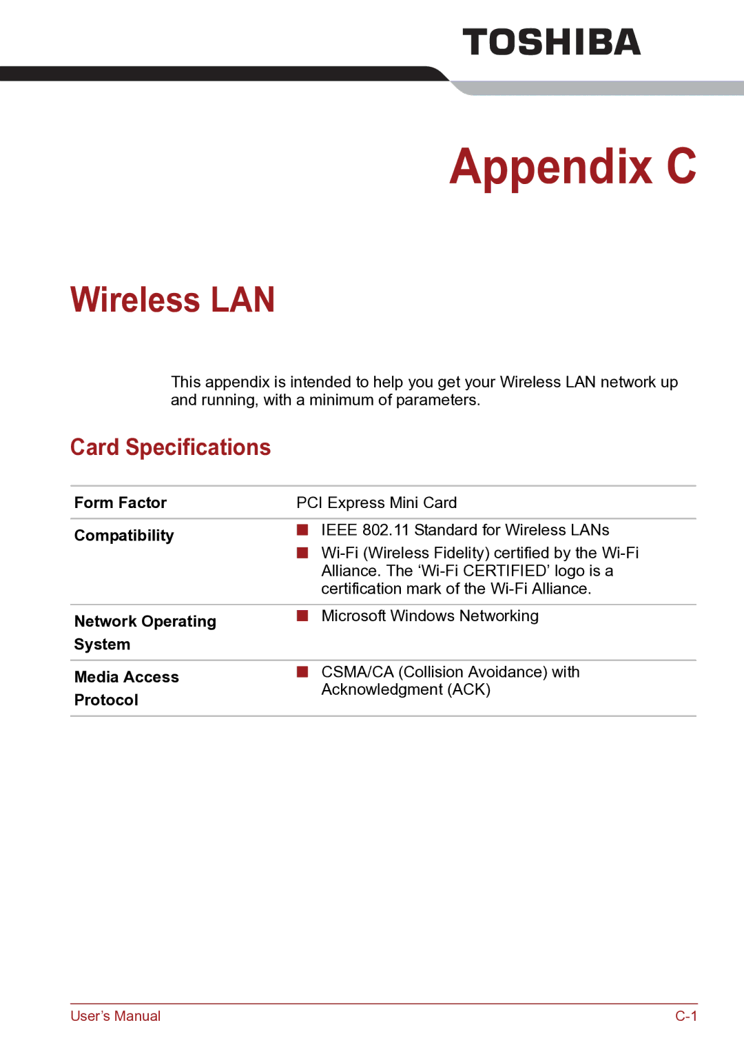 Toshiba TECRA R10 user manual Wireless LAN, Card Specifications 