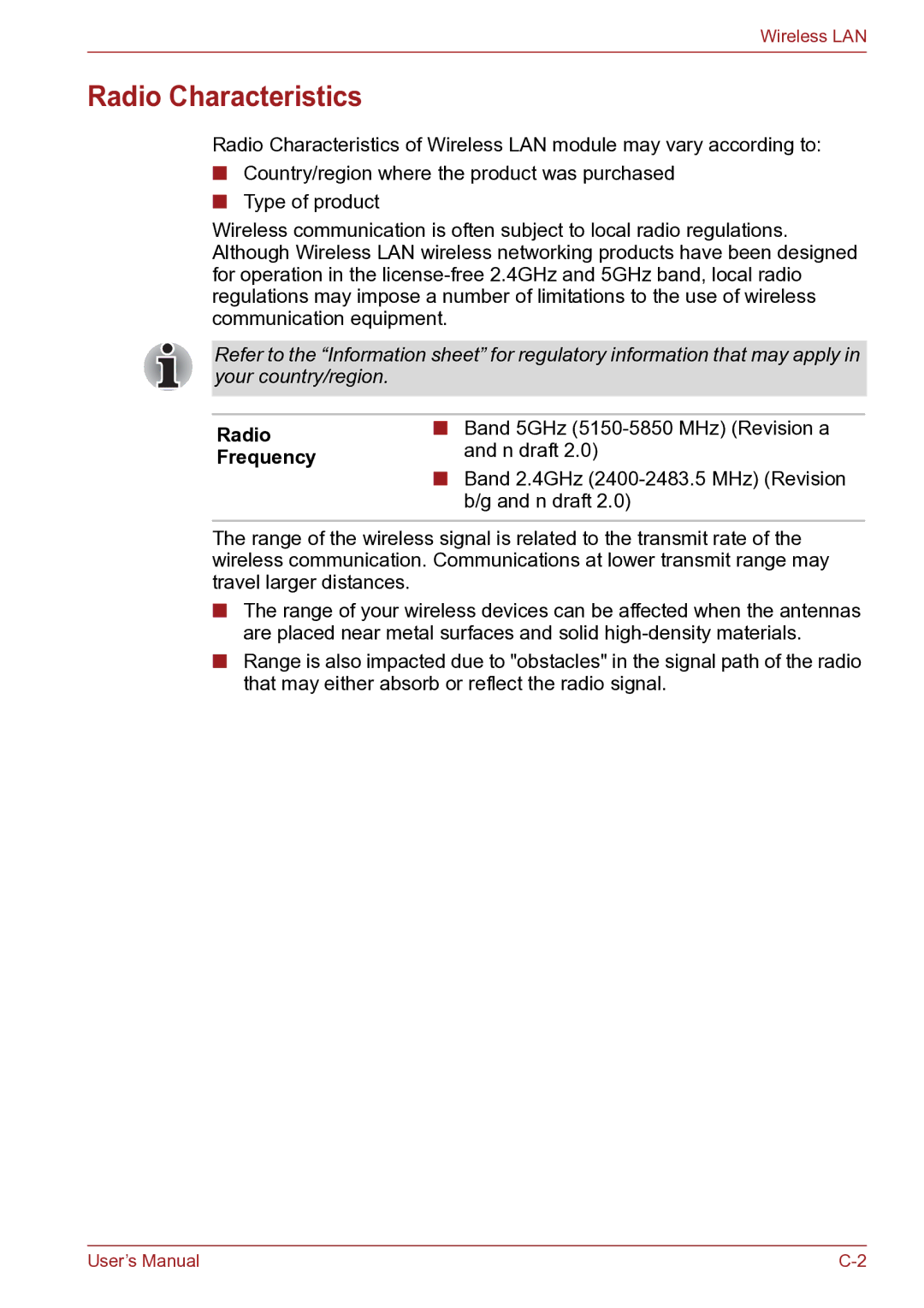 Toshiba TECRA R10 user manual Radio Characteristics, Radio Frequency 