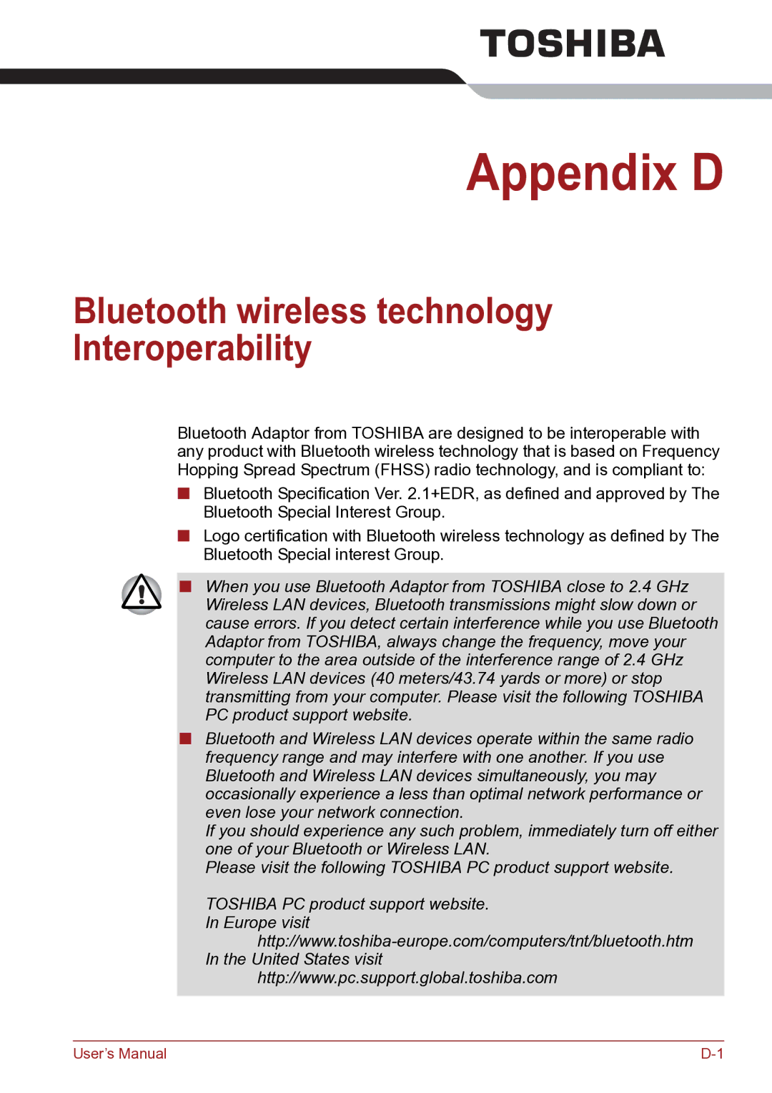 Toshiba TECRA R10 user manual Appendix D, Bluetooth wireless technology Interoperability 