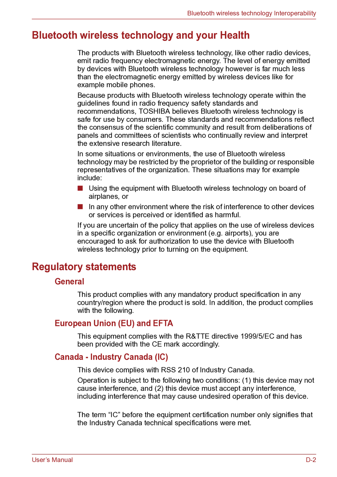 Toshiba TECRA R10 Bluetooth wireless technology and your Health, Regulatory statements, General, Canada Industry Canada IC 