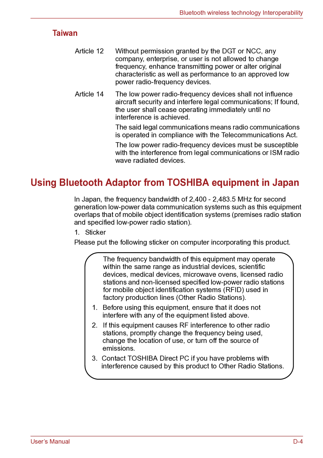 Toshiba TECRA R10 user manual Using Bluetooth Adaptor from Toshiba equipment in Japan, Taiwan 