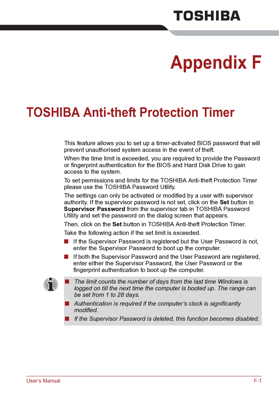 Toshiba TECRA R10 user manual Appendix F, Toshiba Anti-theft Protection Timer 