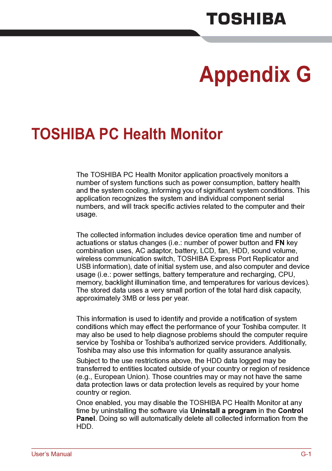 Toshiba TECRA R10 user manual Appendix G, Toshiba PC Health Monitor 