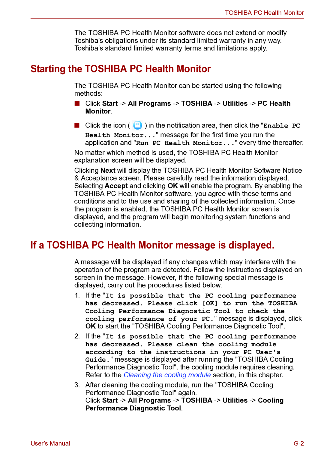 Toshiba TECRA R10 user manual Starting the Toshiba PC Health Monitor, If a Toshiba PC Health Monitor message is displayed 