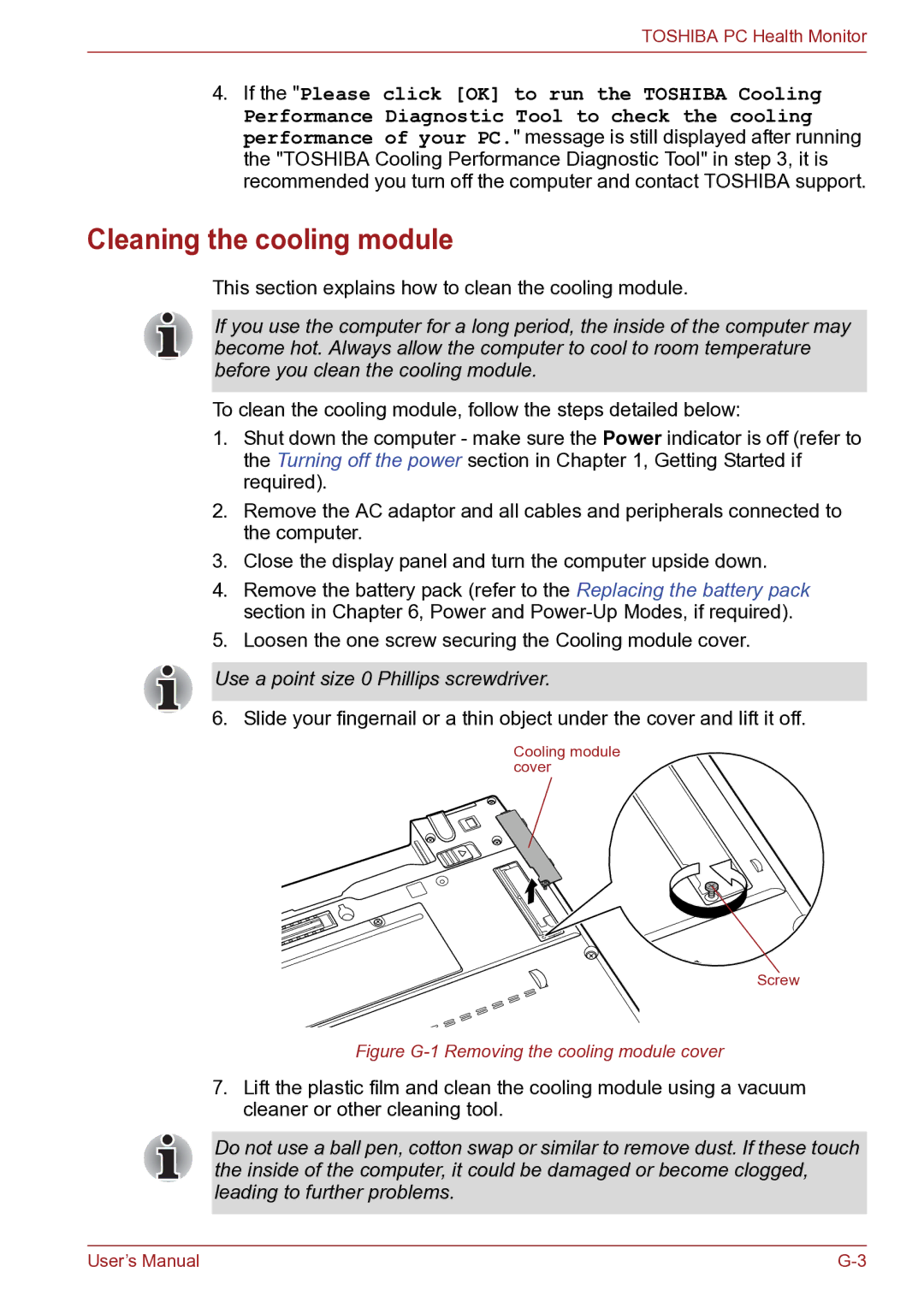 Toshiba TECRA R10 user manual Cleaning the cooling module, If the Please click OK to run the Toshiba Cooling 