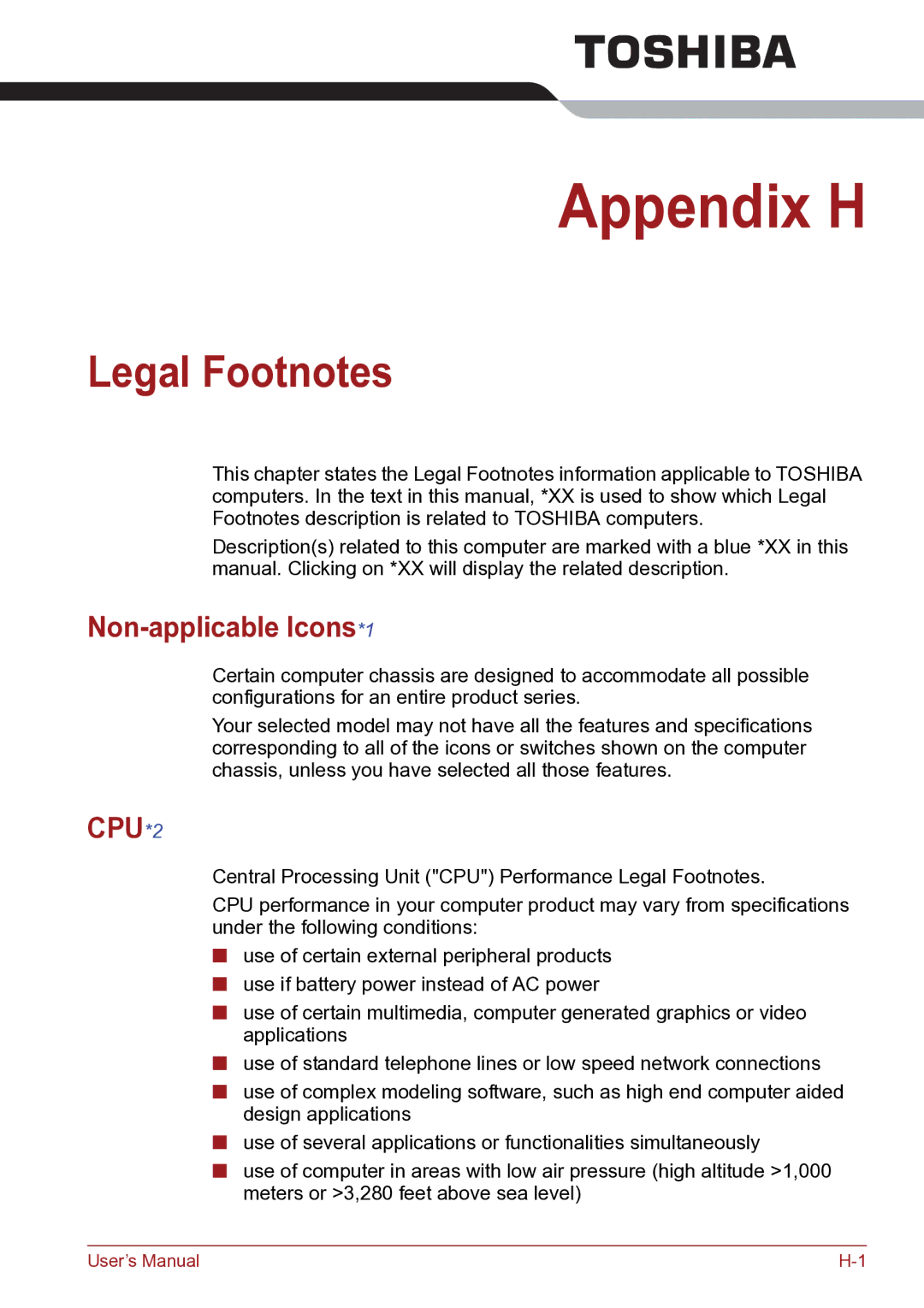 Toshiba TECRA R10 user manual Legal Footnotes, Non-applicable Icons*1 